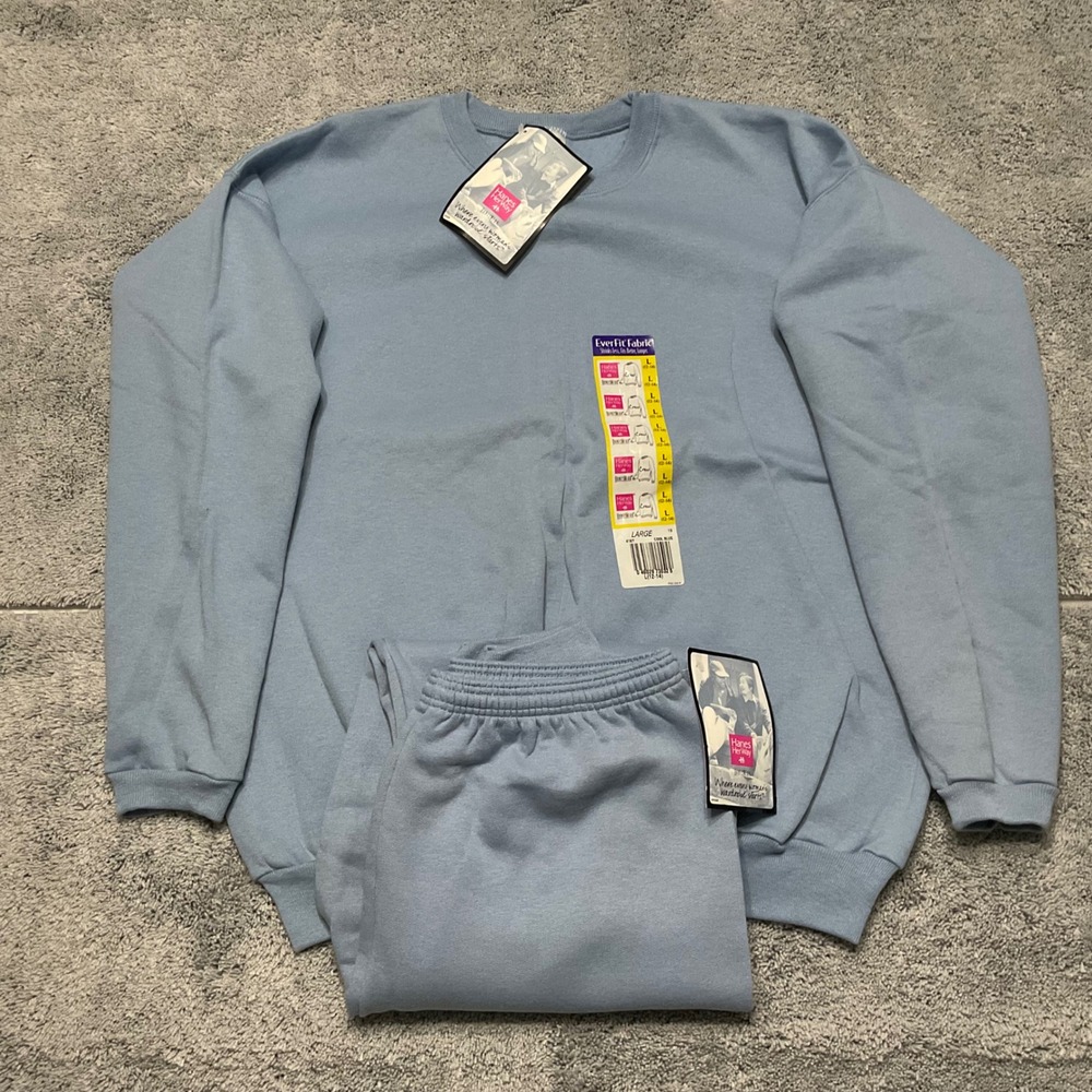 Vintage Hanes Her Way Sweatsuit Set Blue Crewneck Sweatshirt Medium Large NWT